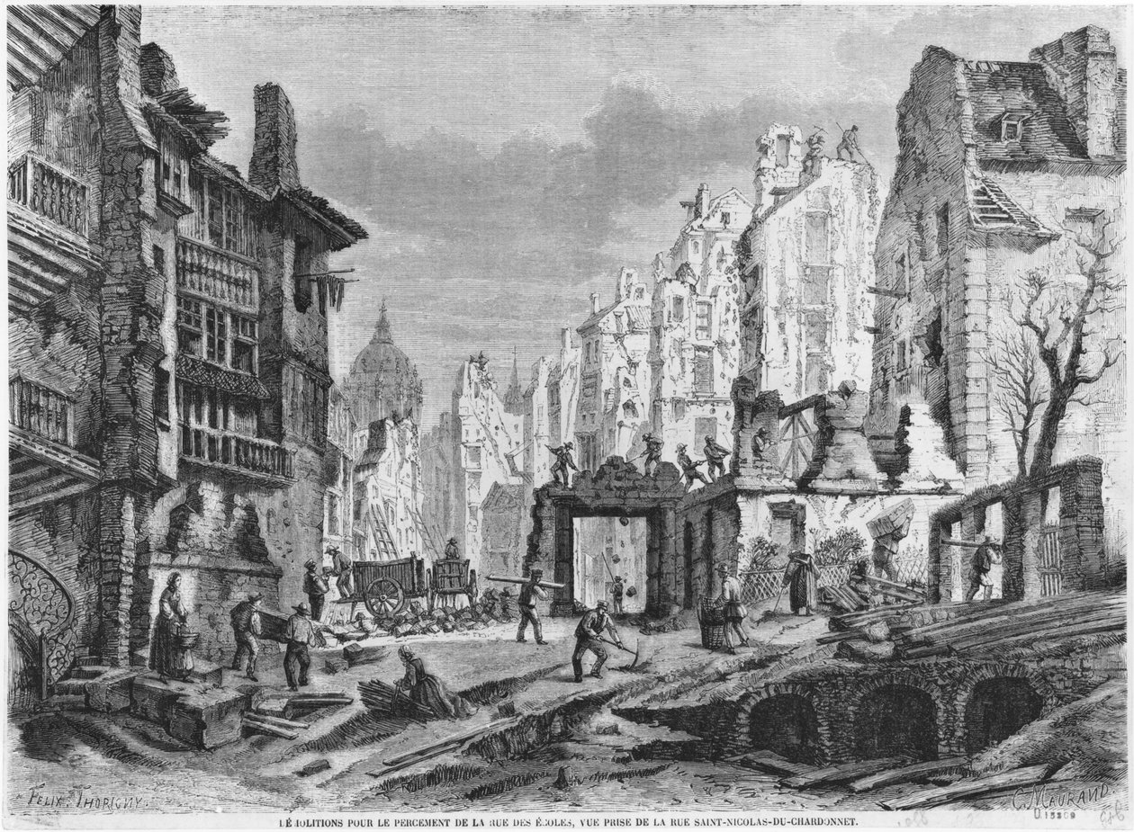 Paris, demolições para a construção da rue des Ecoles, vista tirada da rue Saint-Nicolas du Chardonnet, gravada por Charles Maurand (século XIX) de Felix Thorigny