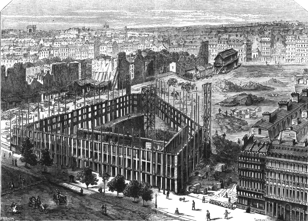 Transformação de Paris: Edifício em 1861, entre as ruas Neuve-des-Mathurins, Chaussee-d&39;Antin e Boulevard des Capucines, local da nova ópera e edifício do Hotel de la Paix, engra de Felix Thorigny