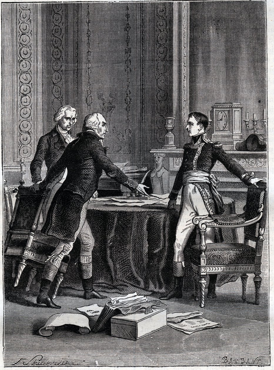 Primeira deliberação dos três cônsules em Peer-Luxemburgo - Napoleão Bonaparte, Emmanuel Joseph Sieyes e Pierre Roger-Ducos 1799 - Gravura de Barbant, depois de Philippoteaux - Primeiro Consulado, 24 Frimaire VIII (15 de dezembro de 1799), primeira reunião de Felix (after) Philippoteaux