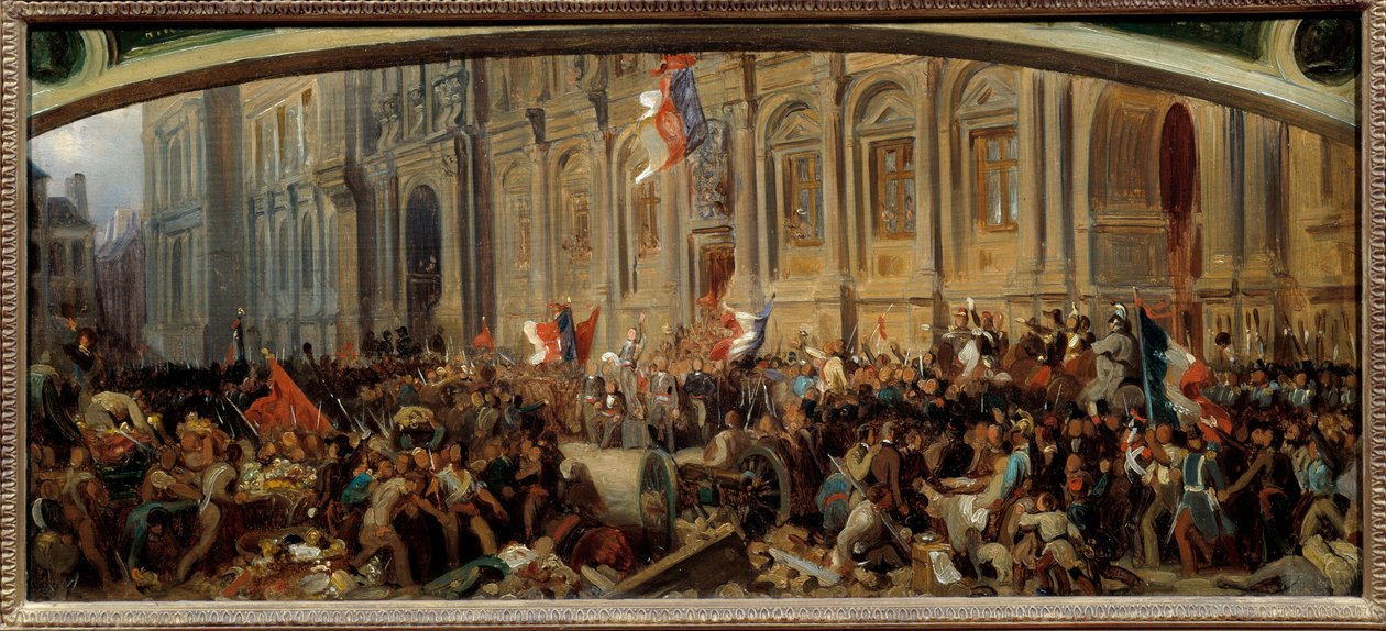 Revolução de 1848: "Alphonse de Lamartine (1790-1869), escritor e político francês, rejeita a bandeira vermelha na Câmara Municipal a 25/02/1848." Pintura de Felix Philippoteaux (ca. 1815-1884) de Felix (after) Philippoteaux