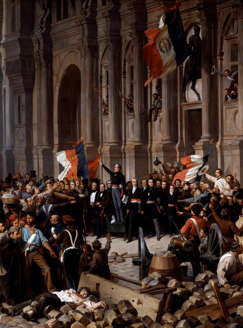 Revolução de 1848: Alphonse de Lamartine (1790 - 1869), recusando a bandeira vermelha para a bandeira tricolor, na Câmara Municipal. Paris, 26 de Fevereiro de 1848. Detalhe da Pintura de Henri Felix Philippoteaux (1815 - 1884), Paris, Musee Du PetitPalais  de Felix (after) Philippoteaux
