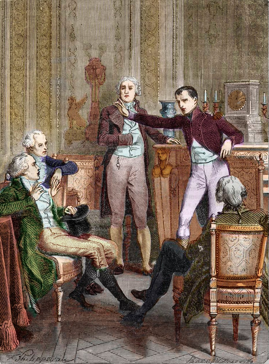 O Primeiro Cônsul Bonaparte falando com o matemático Gaspard Monge - Discussão entre Bonaparte, Primeiro Cônsul, e Gaspard Monge (1746-1818) gravada por Felix Philippoteaux (1815-1884). de Felix (after) Philippoteaux