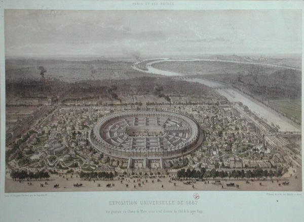 Vista Geral da Exposição Universal em Paris em 1867, tirada do Portão Rapp (cor litho) de Felix Benoist