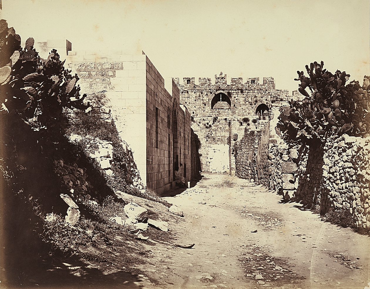 Vista de uma parte das muralhas da cidade e da casa de Santa Ana, em Jerusalém de Félix Bonfils