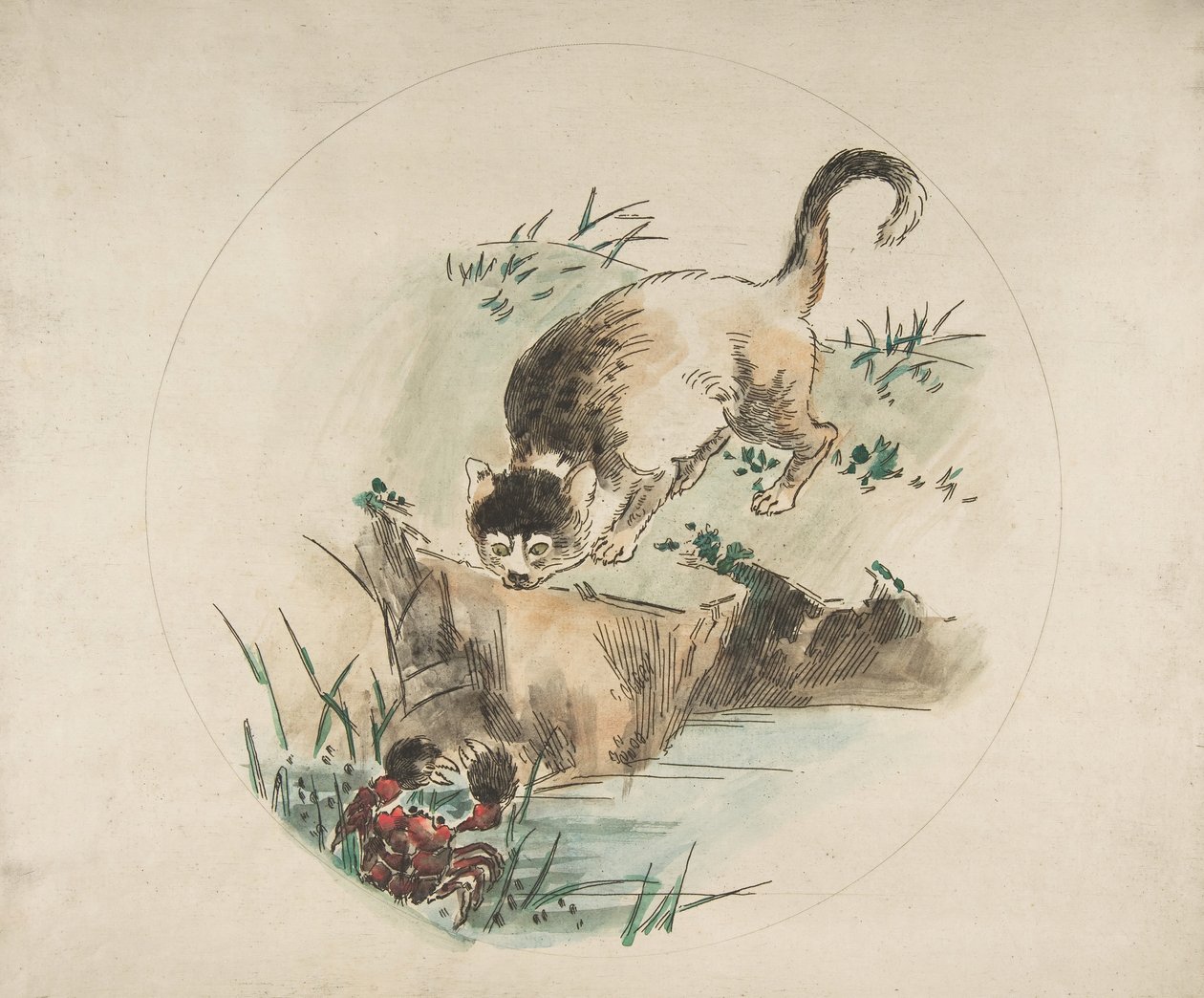 Decoração para um prato: um gato caçando um caranguejo, 1850-1914. de Felix Bracquemond