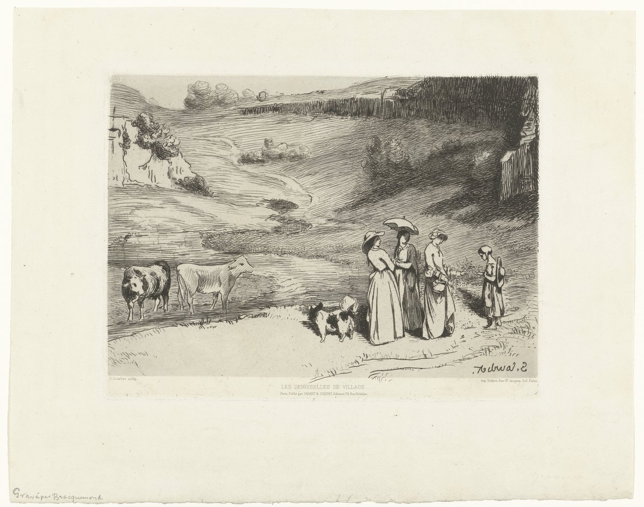 Jovens mulheres dão dinheiro às pastoras em paisagens montanhosas
Les demoiselles du villages (título sobre o objecto) de Felix Bracquemond