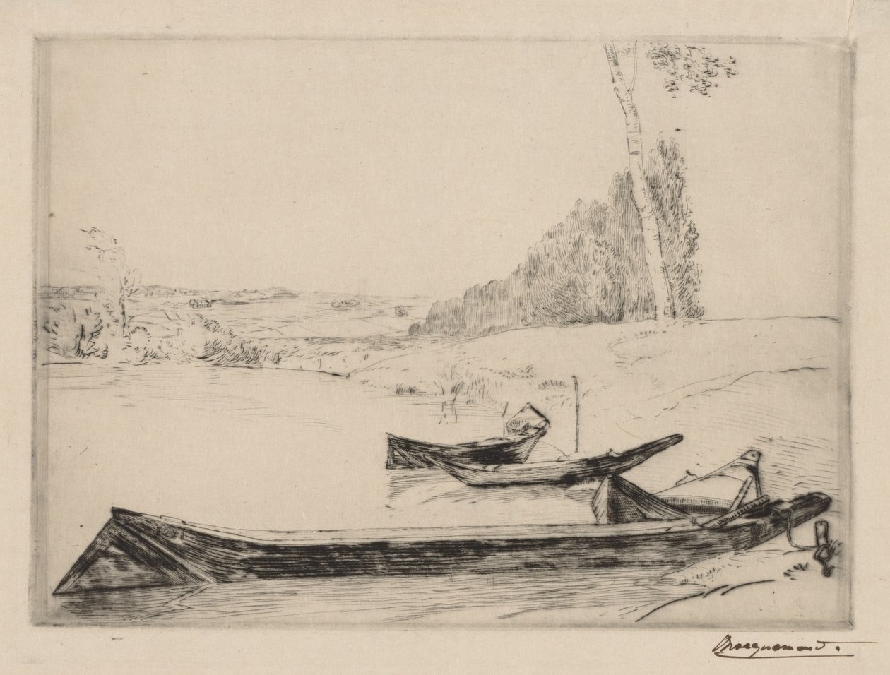 Pequenas balsas às margens do rio Sena, c. 1858 de Felix Bracquemond
