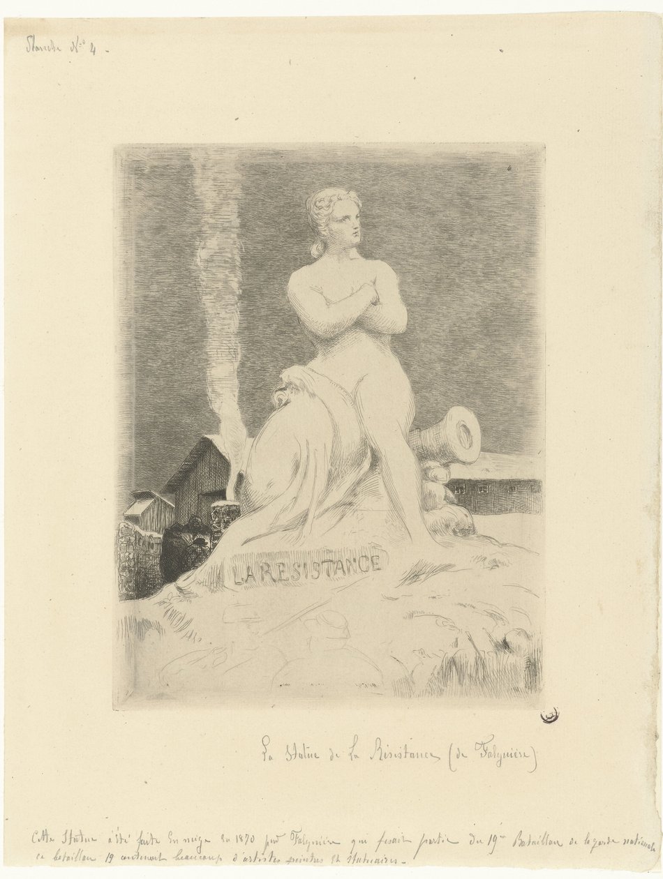 Estátua La Résistance (Resistência) de Alexandre Falguière e soldados durante o cerco de Paris
La Resistance
Siège de Paris en 1870 (título da série) de Felix Bracquemond