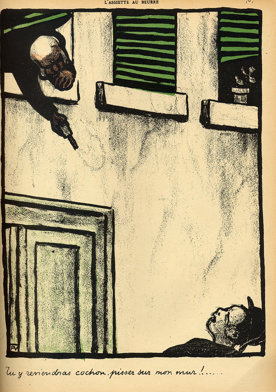 Um burguês dispara de sua janela em um transeunte, de "Crimes e Punições", edição especial de "L&39;Assiette au Beurre", 1 de março de 1902 de Felix Edouard Vallotton