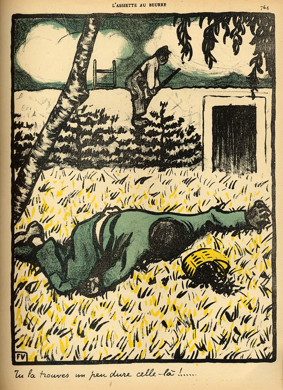 Um camponês atira em um vagabundo pego roubando ameixas de sua árvore, de "Crimes e Punições", edição especial de "L&39;Assiette au Beurre", 1 de março de 1902 de Felix Edouard Vallotton