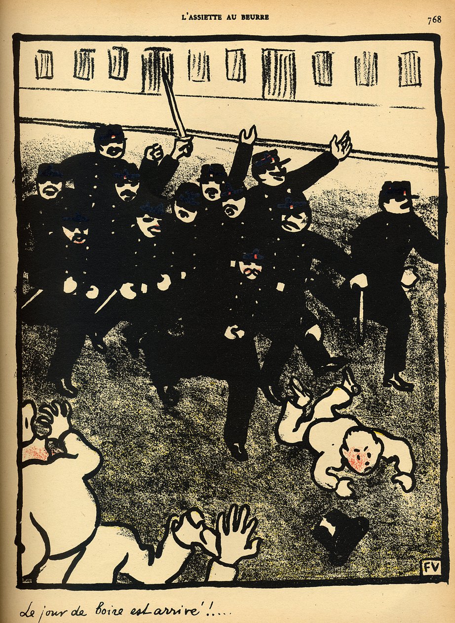 Uma brigada policial encarrega um grupo de manifestantes, de &39;Crimes e Punições&39;, edição especial do &39;L&39;Assiette au Beurre&39;, 1 de março de 1902 (cor lito) de Felix Edouard Vallotton