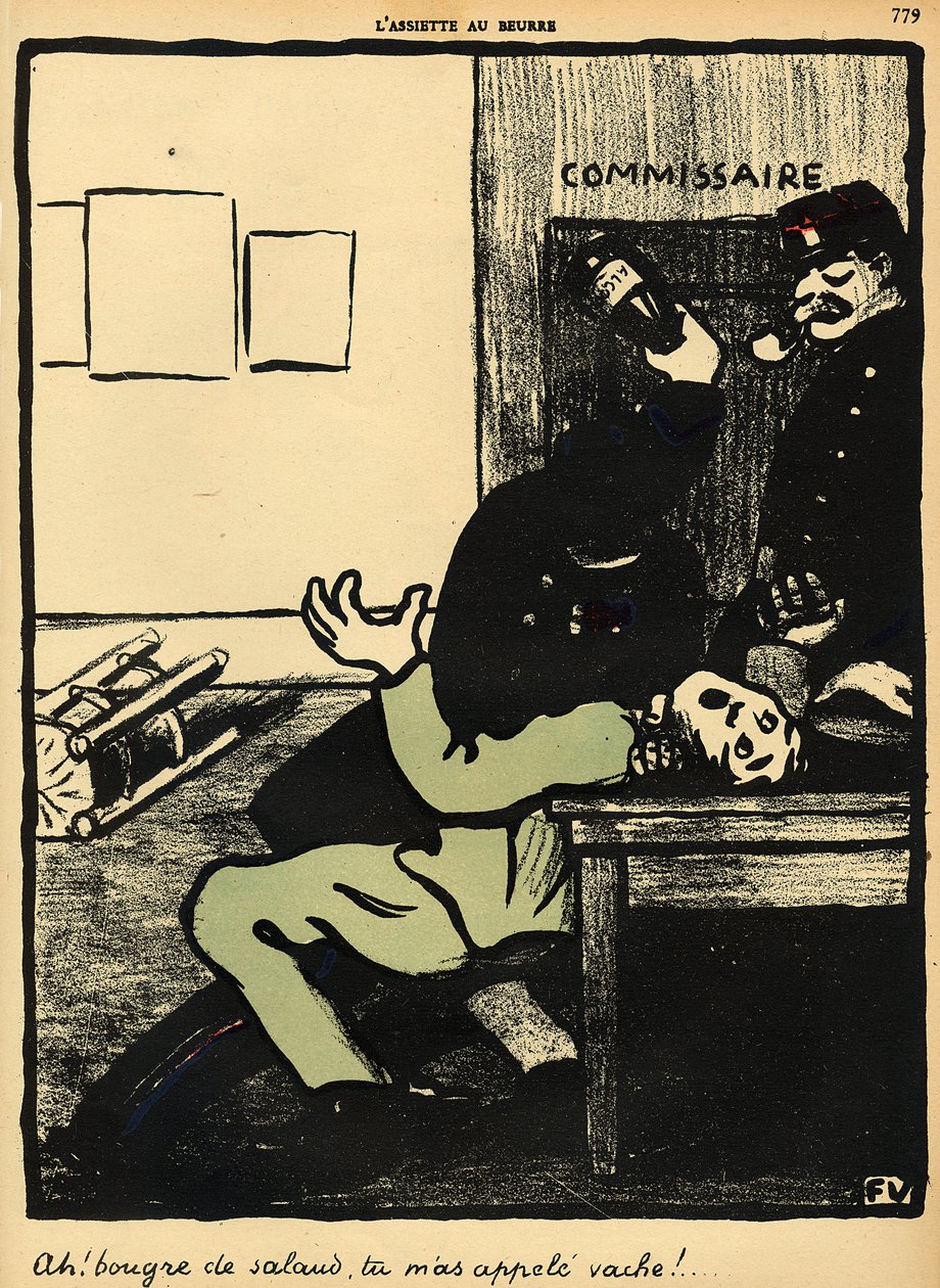 Um policial bate em um homem com uma garrafa em uma delegacia de polícia, de &39;Crimes e Punições&39;, edição especial do &39;L&39;Assiette au Beurre&39;, 1 de março de 1902 de Felix Edouard Vallotton