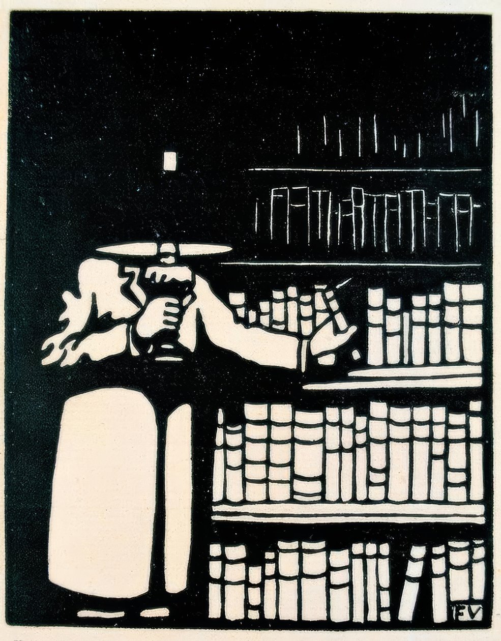 Amante de livro com lâmpada em sua biblioteca de Felix Edouard Vallotton