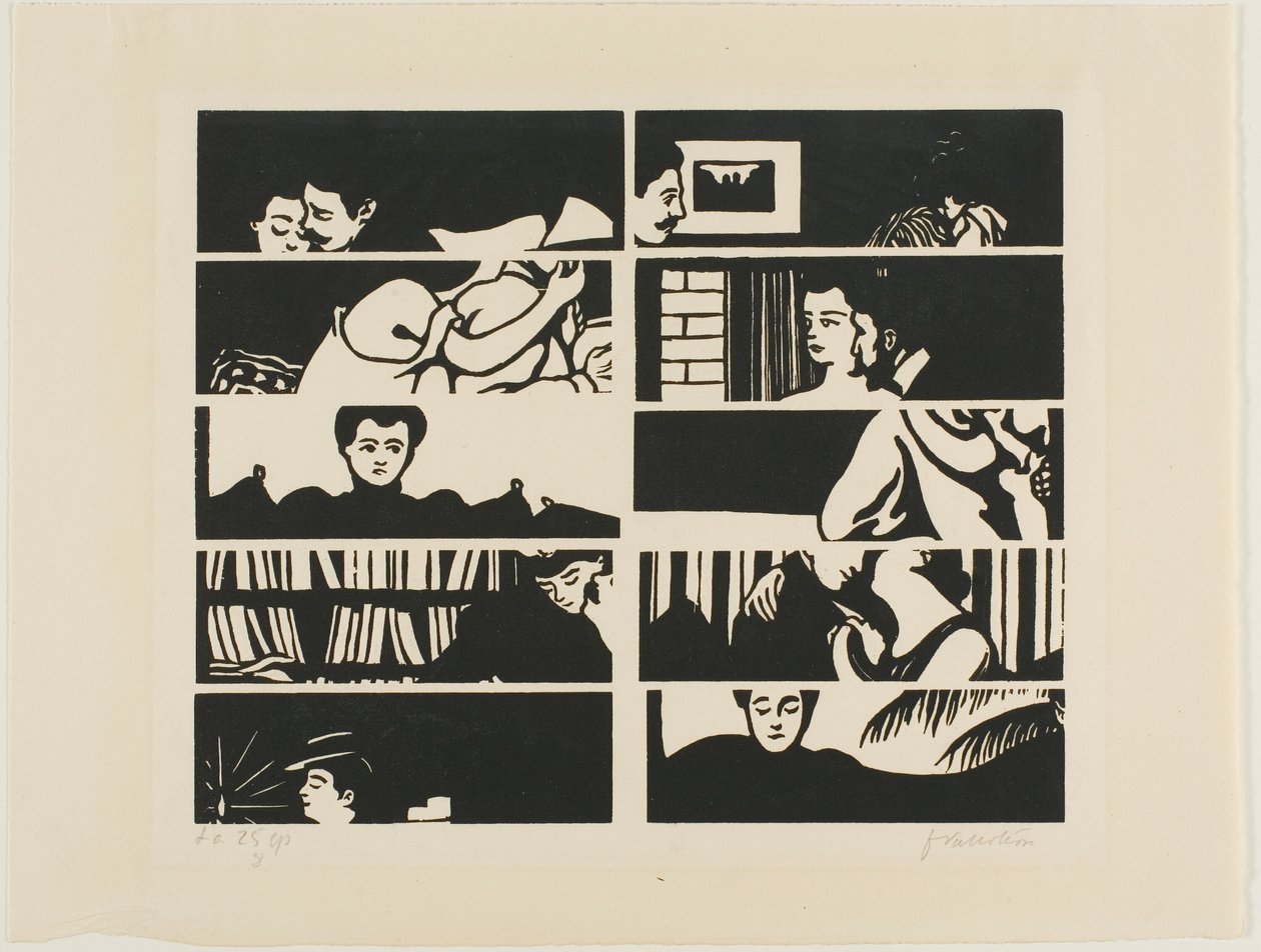 Folha de cancelamento, fragmentos de dez xilogravuras de Intimacies de Felix Edouard Vallotton