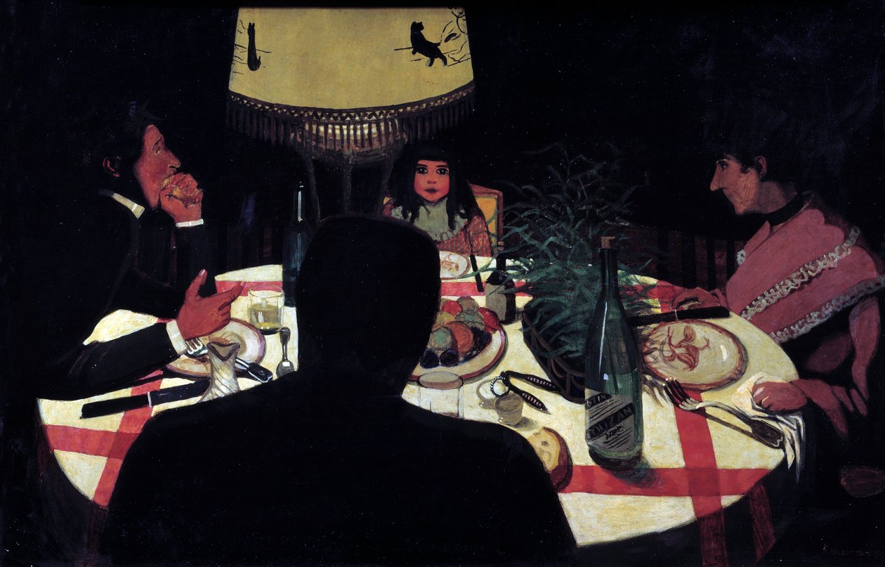 Jantar, efeito de lâmpada. A representação do pintor rodeia a sua mulher e os seus lindos filhos. Pintura de Felix Vallotton (1865-1925) Ec. Siga de Felix Edouard Vallotton
