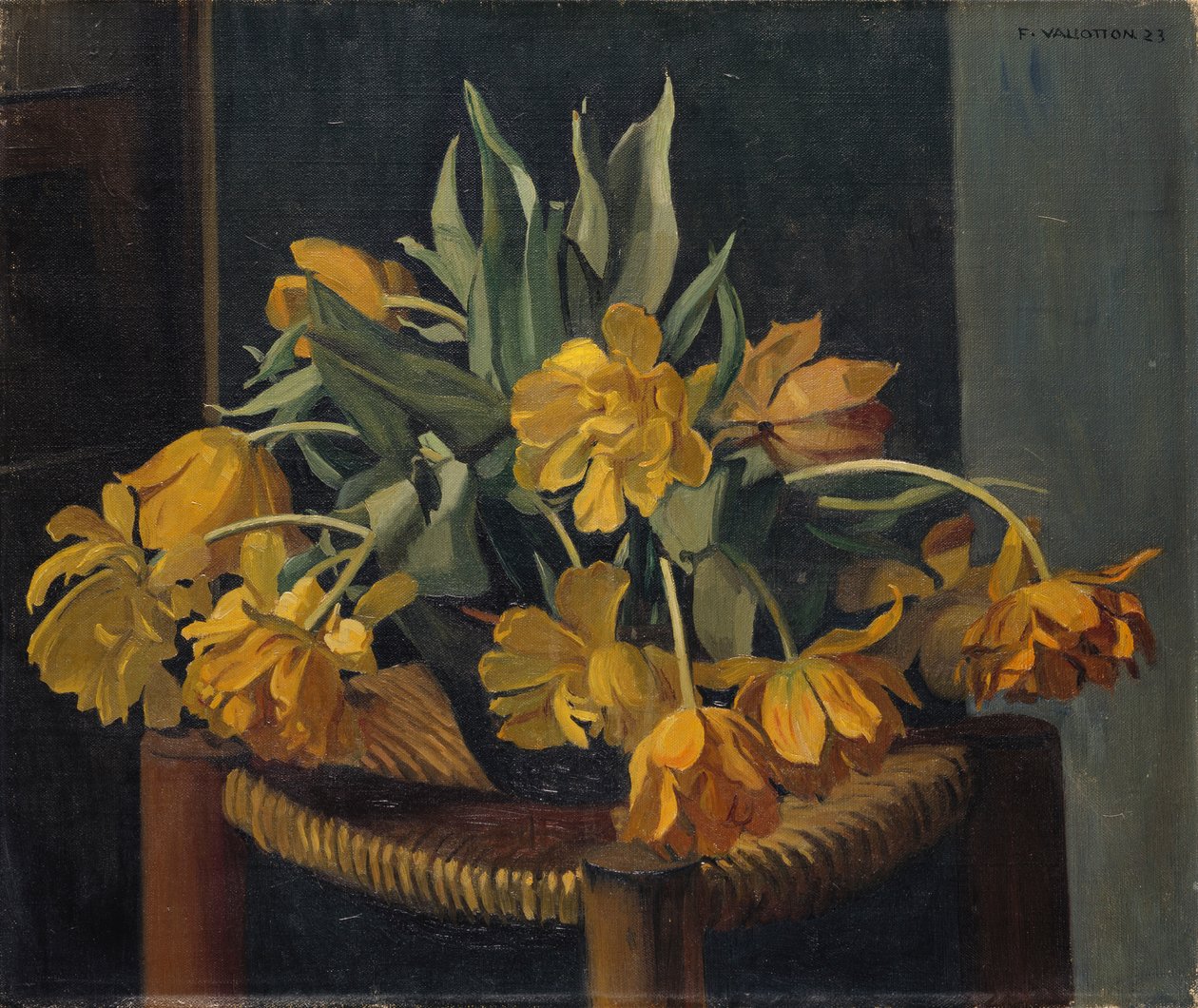 Tulipas amarelas duplas em uma cadeira de vime, 1923 de Felix Edouard Vallotton