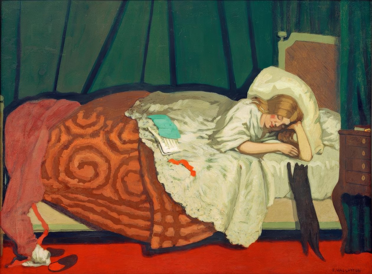 Mulher deitada brincando com um gato de Felix Edouard Vallotton
