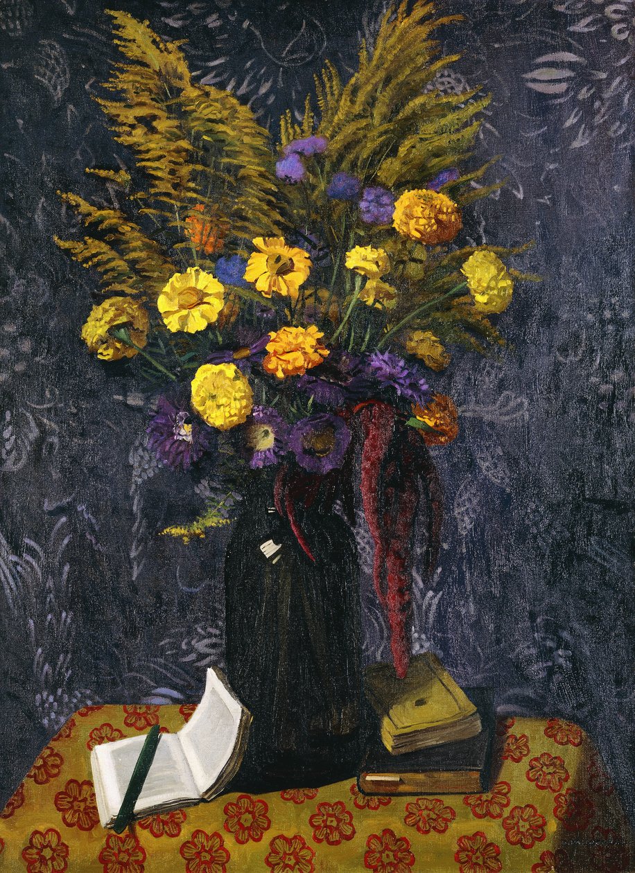 Calêndula francesa, margaridas roxas e feixes dourados; Cravos da Índia, margaridas roxas e gerbs dourados, 1925 de Felix Edouard Vallotton