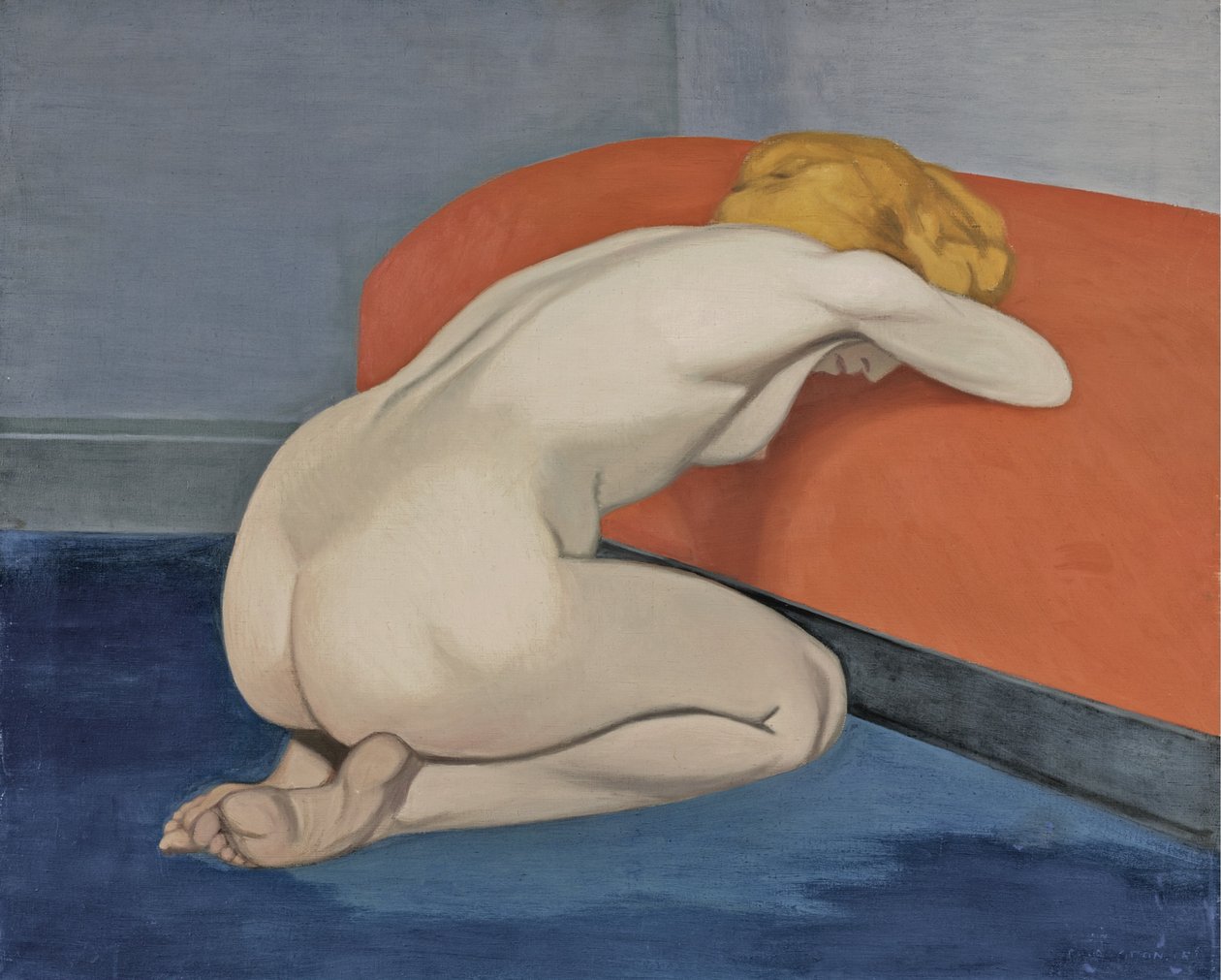 Mulher nua ajoelhada na frente de um sofá vermelho, 1915 de Felix Edouard Vallotton