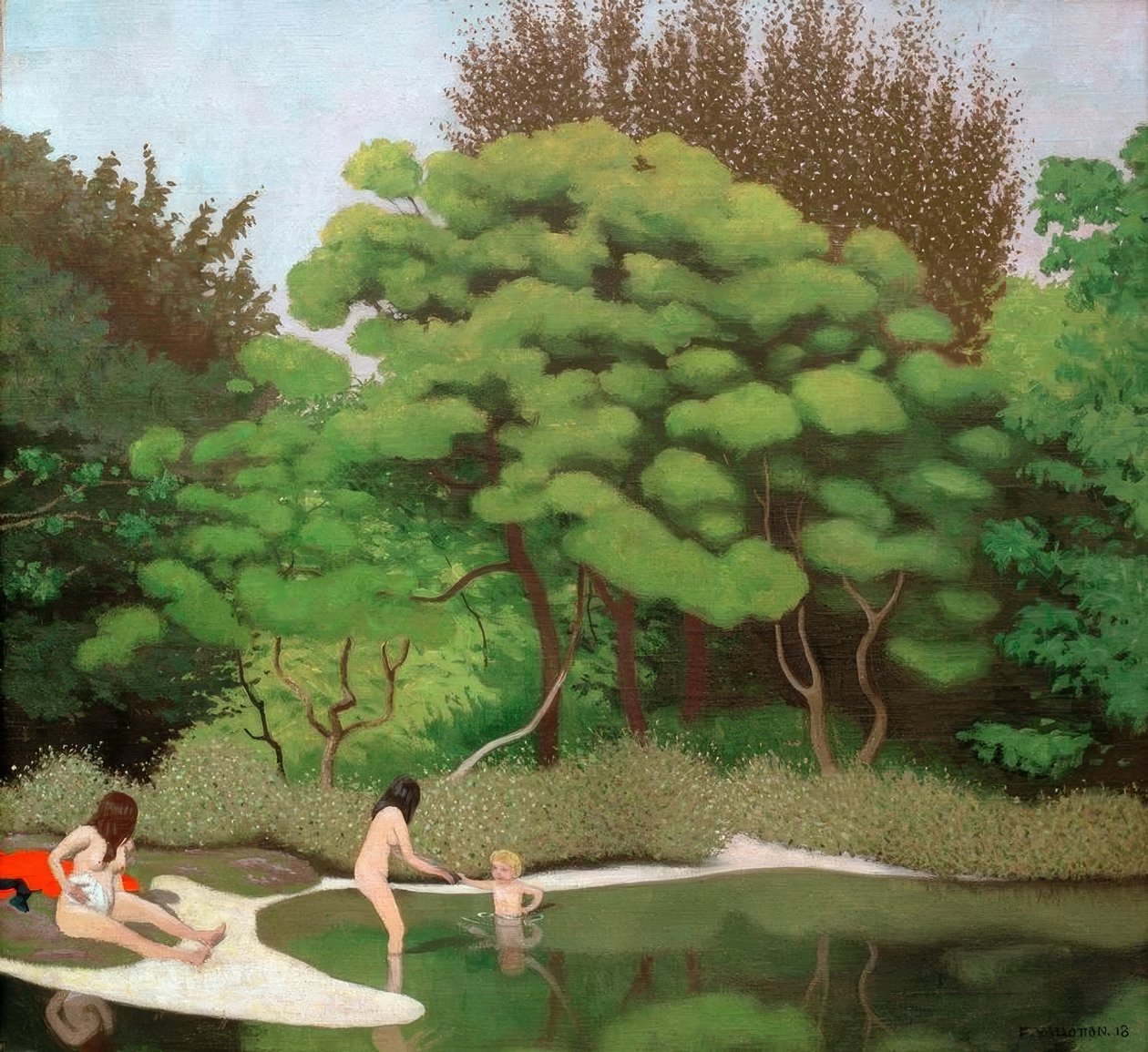 Paisagem ensolarada de vegetação rasteira, com duas mulheres e uma criança de Felix Edouard Vallotton