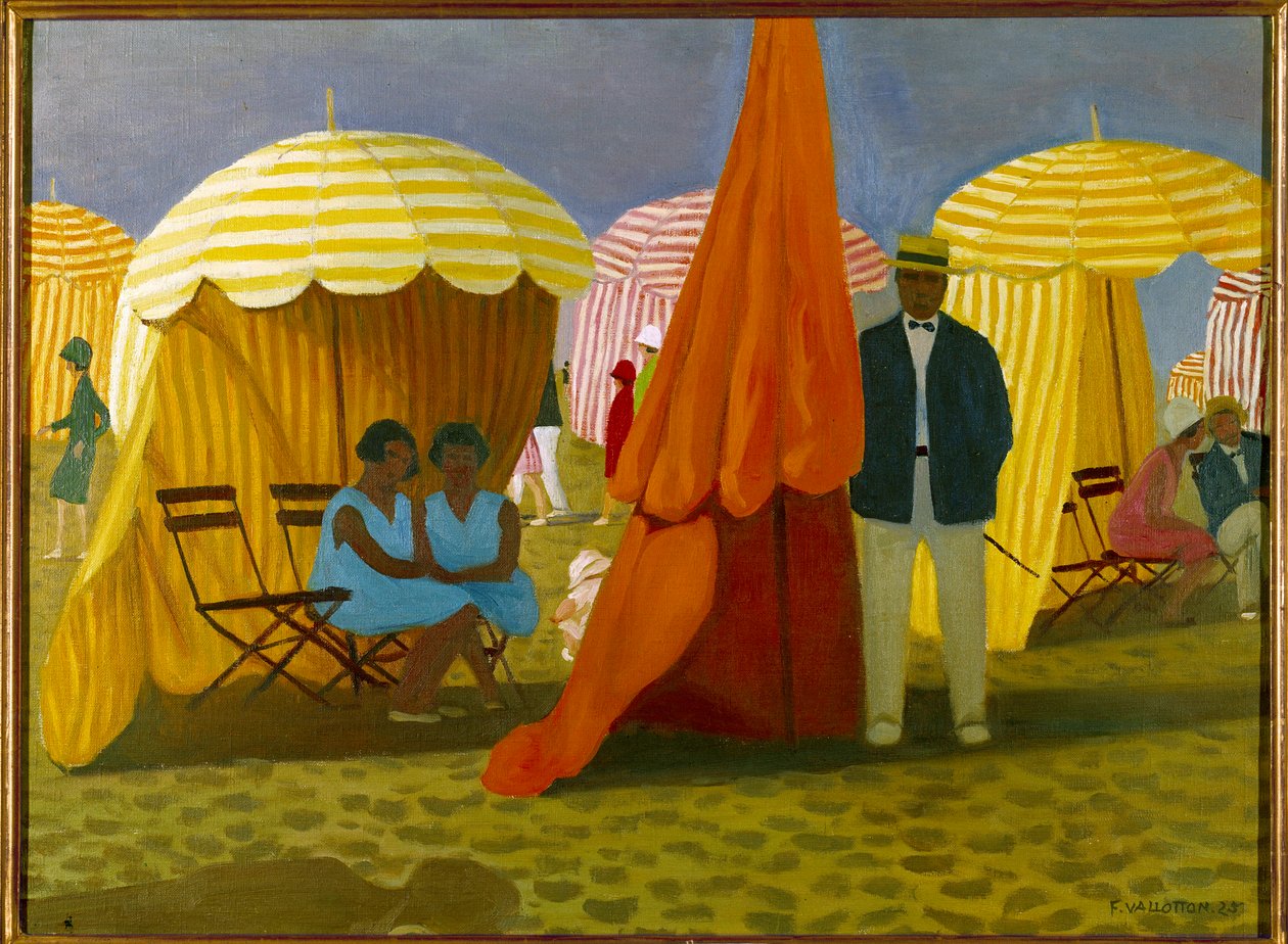 A praia. Os turistas debaixo dos chapéus-de-chuva, protegidos do vento. Pintura de Felix Vallotton (1865-1925) Ec. Siga. de Felix Edouard Vallotton