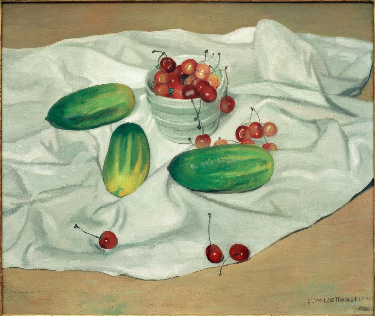 Três pepinos e um vaso branco com cerejas de Felix Edouard Vallotton