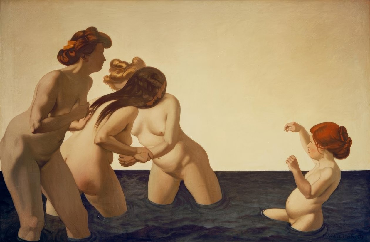 Três mulheres e uma menina brincando na água de Felix Edouard Vallotton