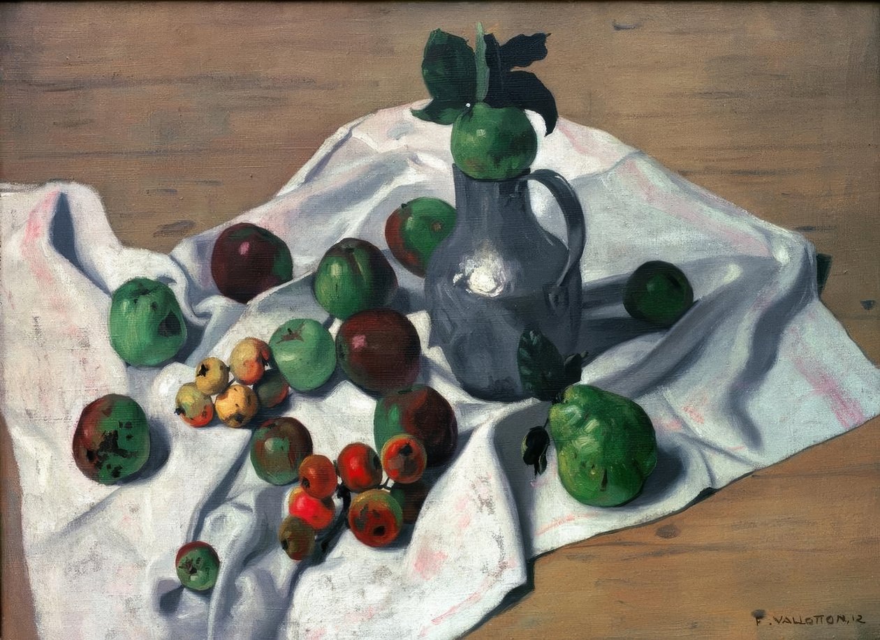 Uma garrafa de lata, maçãs e dois marmelos de Felix Edouard Vallotton