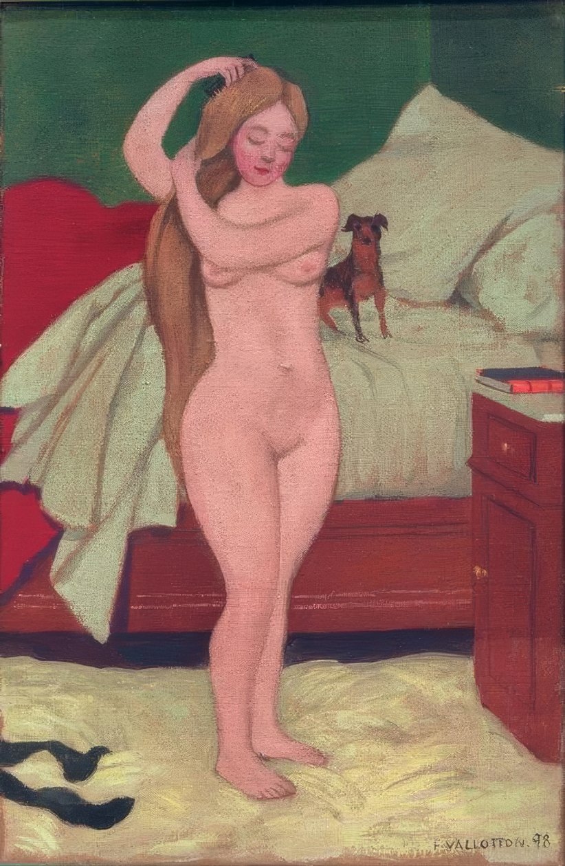 Nu feminino, penteando, interior de Felix Edouard Vallotton