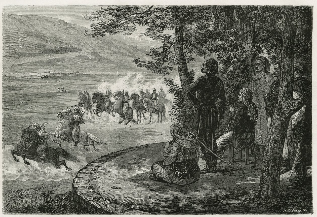 A corrida do djerid, o cavaleiro começou segurando uma vara curta que representava tanto a lança quanto a espingarda; ele a ramificou acima da cabeça antes de jogá-la fora, gravada por F.Regamey, para ilustrar a história Les Ansaries, de Leon Cahun, um cha de Felix Elie Regamey