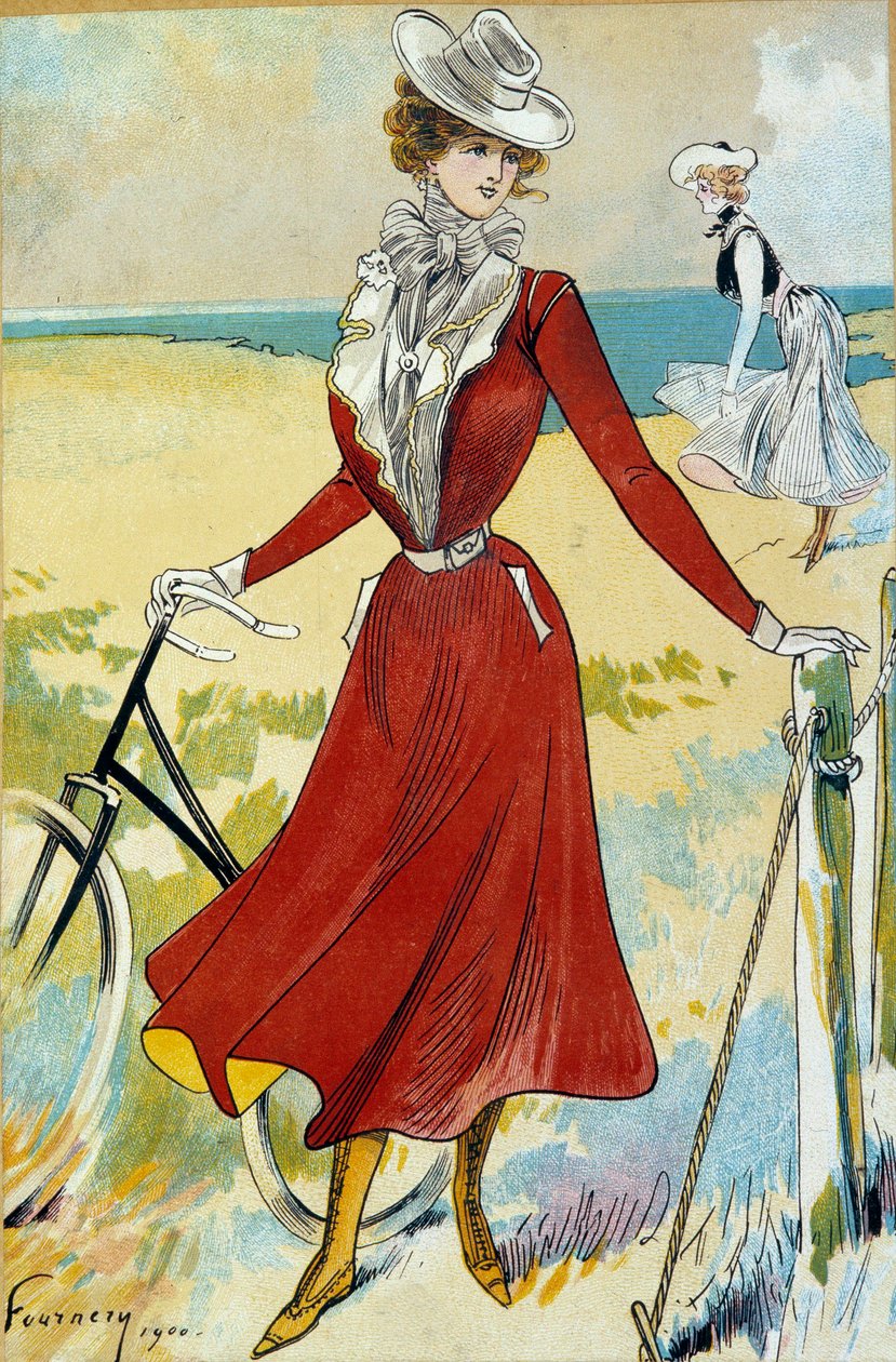 Moda Belle Epoque: "O traje esportivo" de jovem ciclista. Ilustração de Felix Fournery (1865-1938) Paris do século XX, Artes Decorativas de Felix Fournery