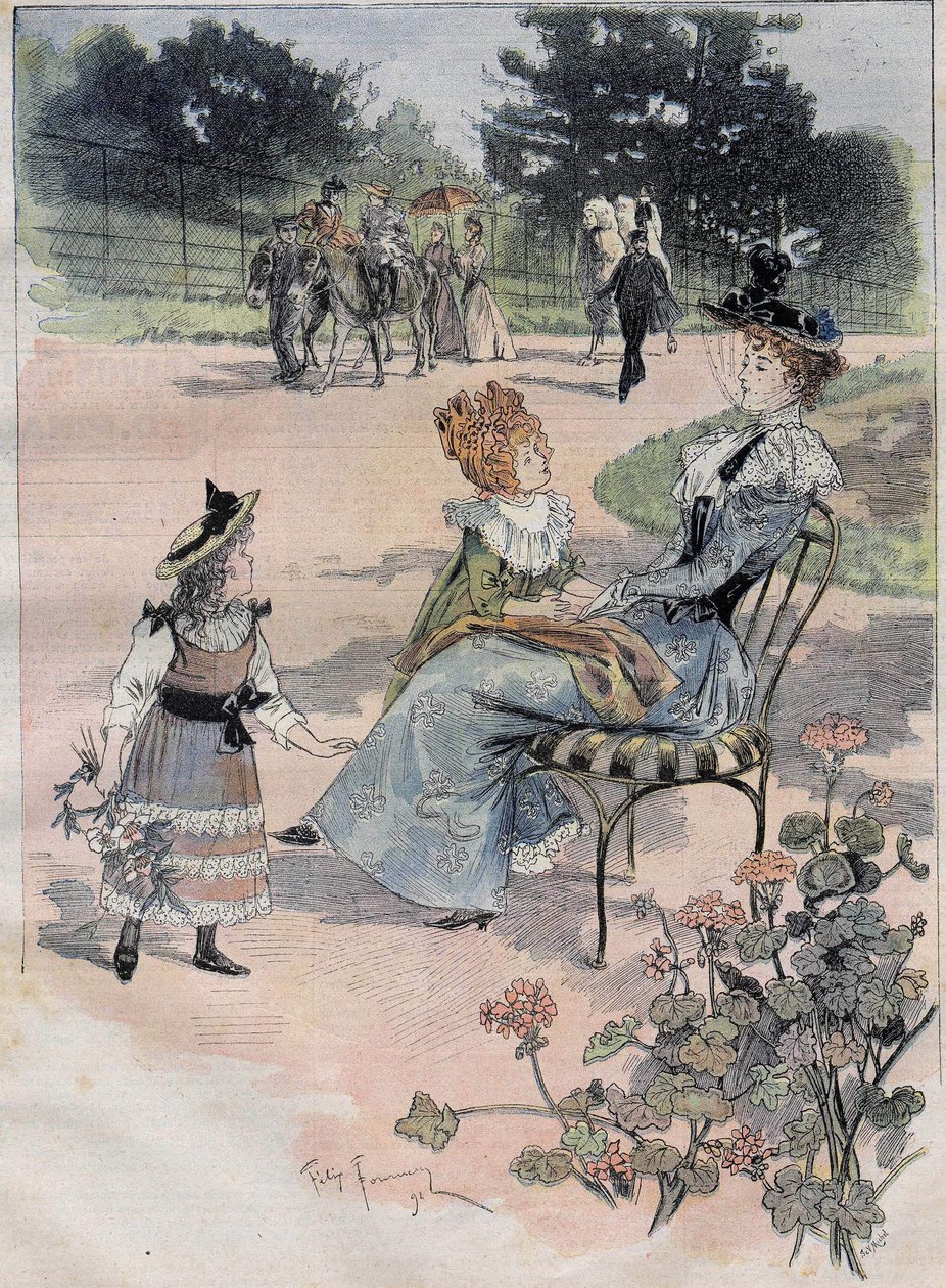 A caminhada das crianças para o jardim de aclimatação em Paris, em 1892. Gravando a aquerelle founery. de Felix Fournery