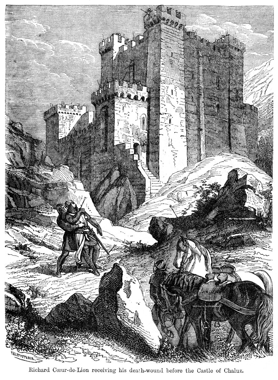 Rei Richard I 1157-1199 recebendo sua ferida da morte antes do castelo de Chaluz, século XIX. de Felix Henri Emmanuel Philippoteaux