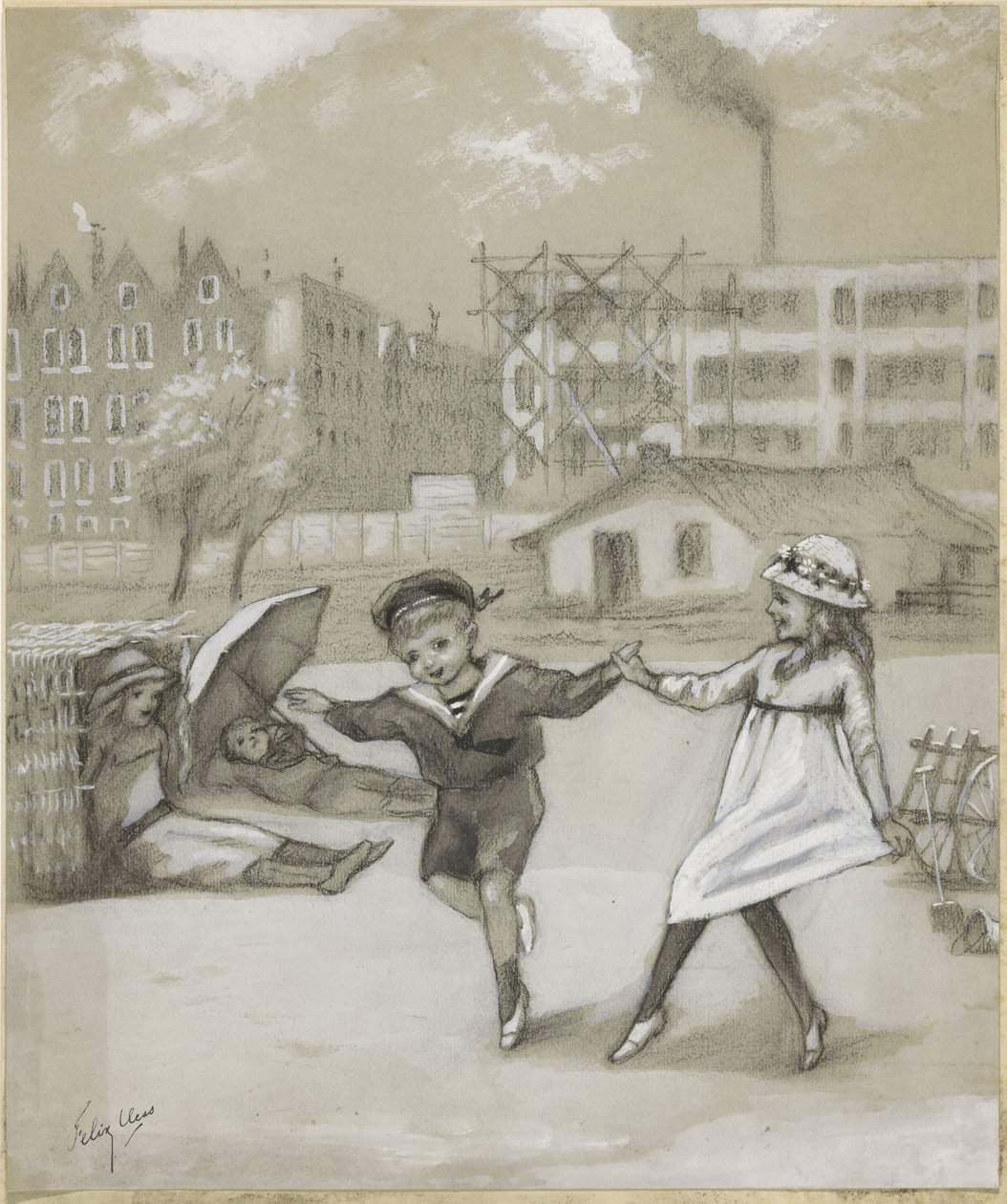 Dançar menino e menina num parque ou parque infantil da cidade de Felix Hess (signed by artist)