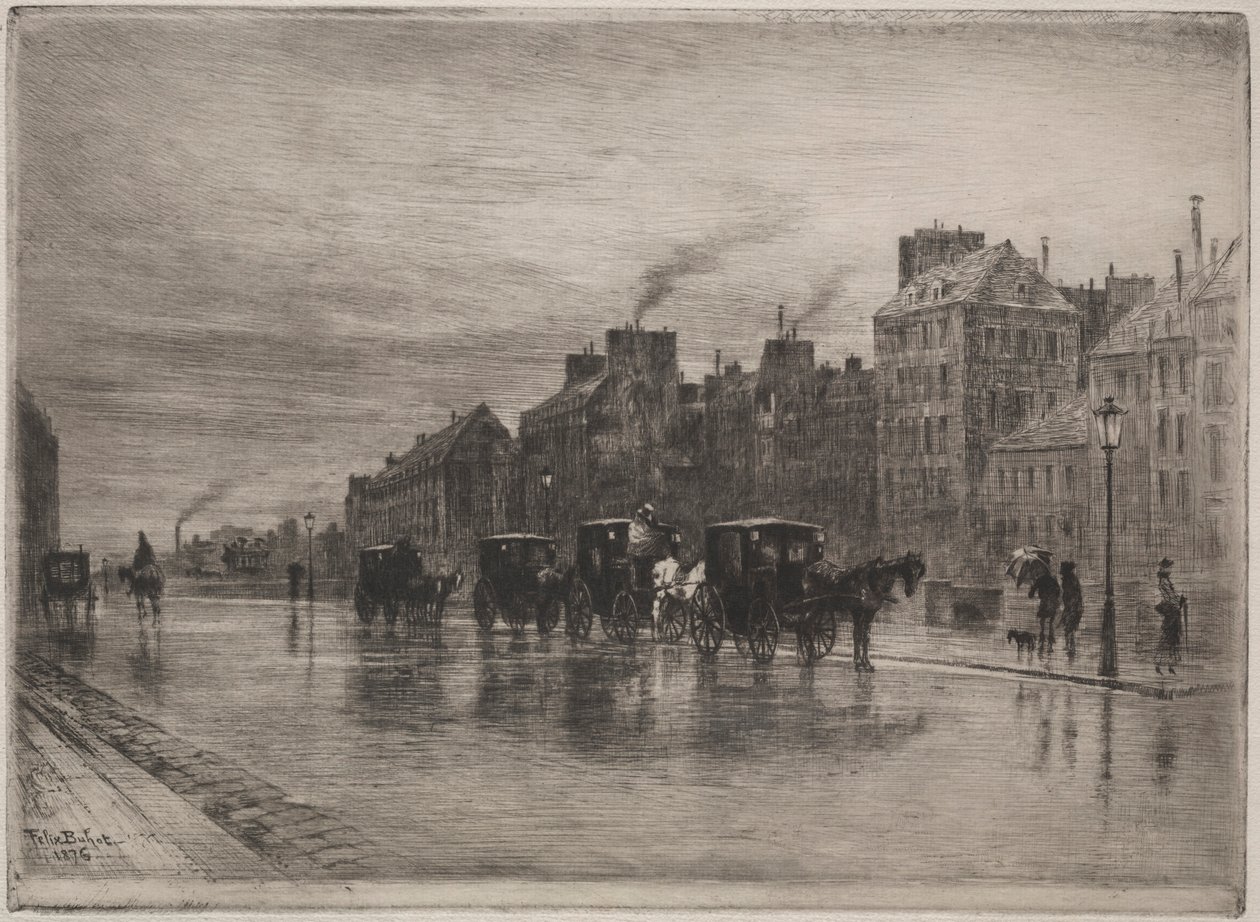 Uma manhã de inverno no Quai de LHotel-Dieu, 1876. de Felix Hilaire Buhot