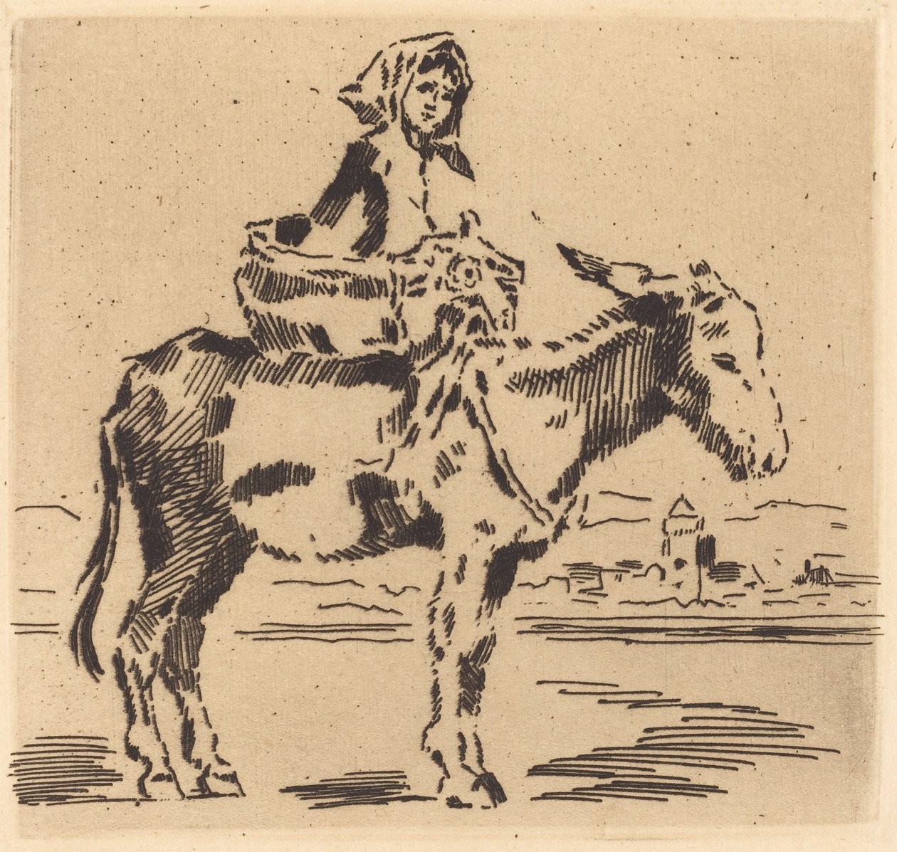 Cacoletière à la Tour Mulher montando um burro perto de uma torre. de Felix Hilaire Buhot