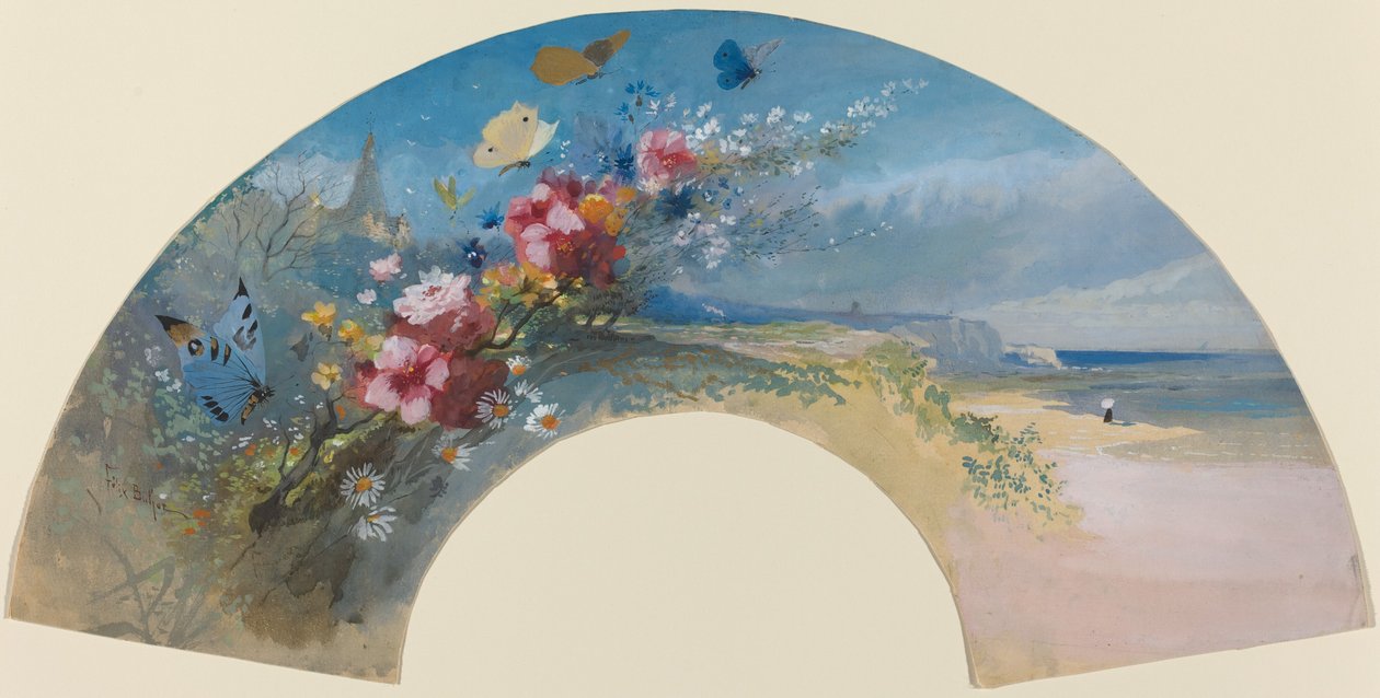 Leque com flores silvestres e borboletas contra a costa normanda, c. 1875. de Felix Hilaire Buhot