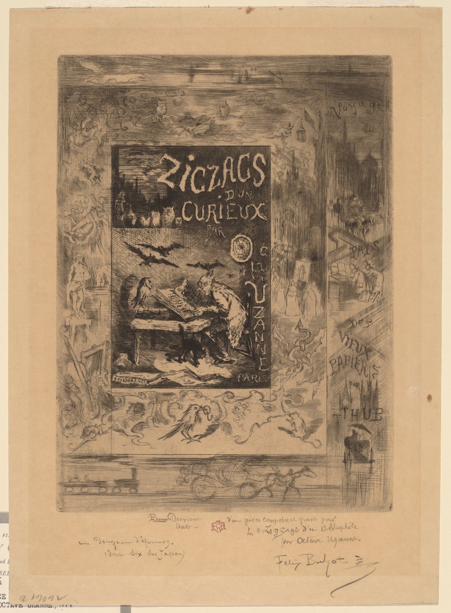 Frontispício para "Zigzags of a Curious, de Octave Uzanne" de Felix Hilaire Buhot