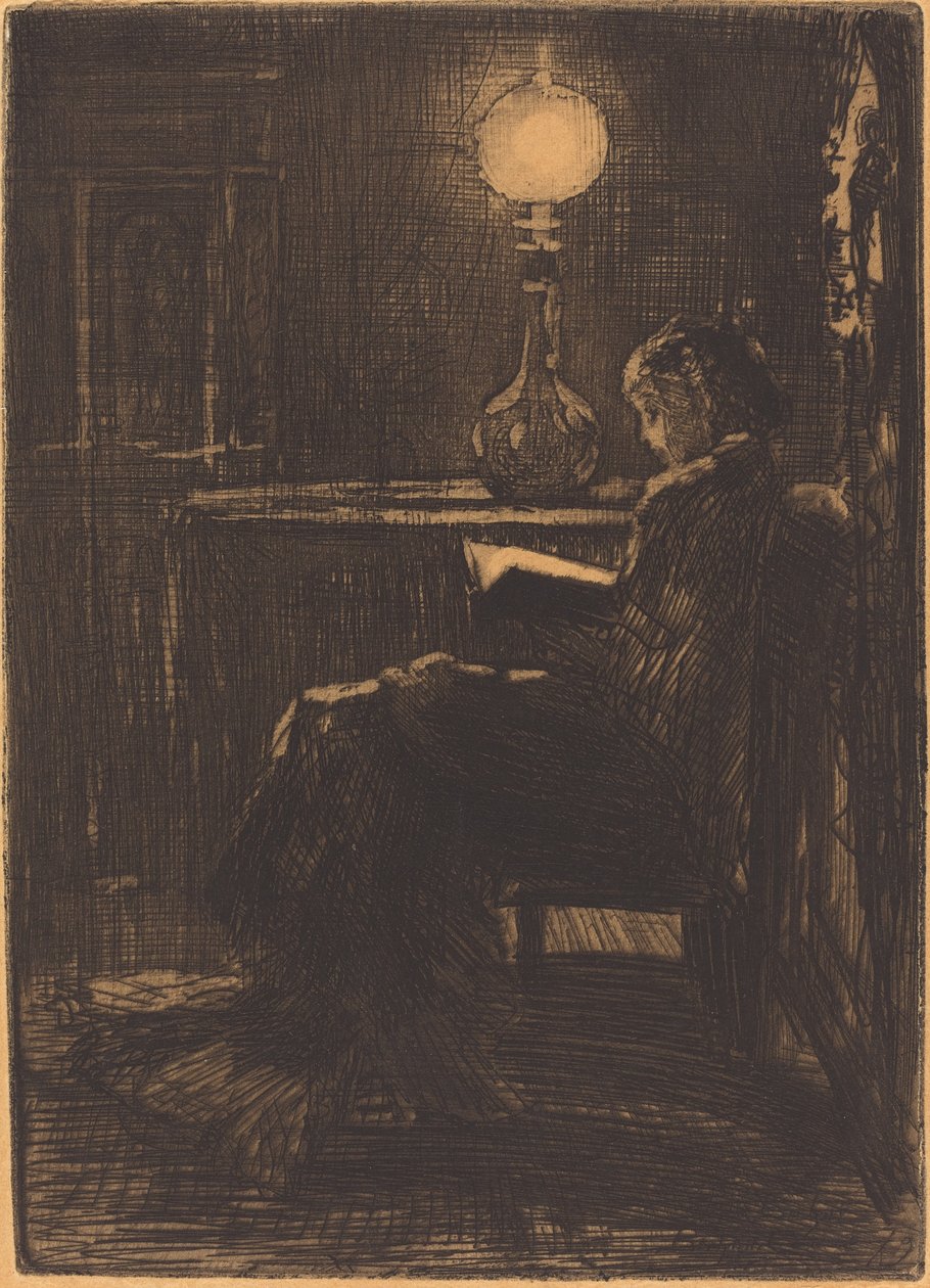 Leitor de Lâmpada (Mulher Lendo à Luz de Lâmpada) de Felix Hilaire Buhot