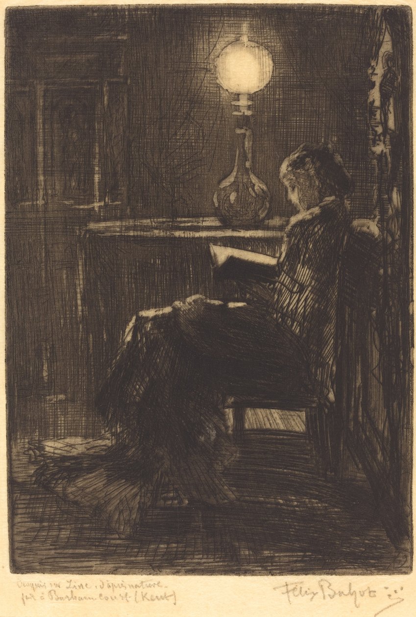 Leitor de Lâmpada (Mulher Lendo à Luz de Lâmpada) de Felix Hilaire Buhot