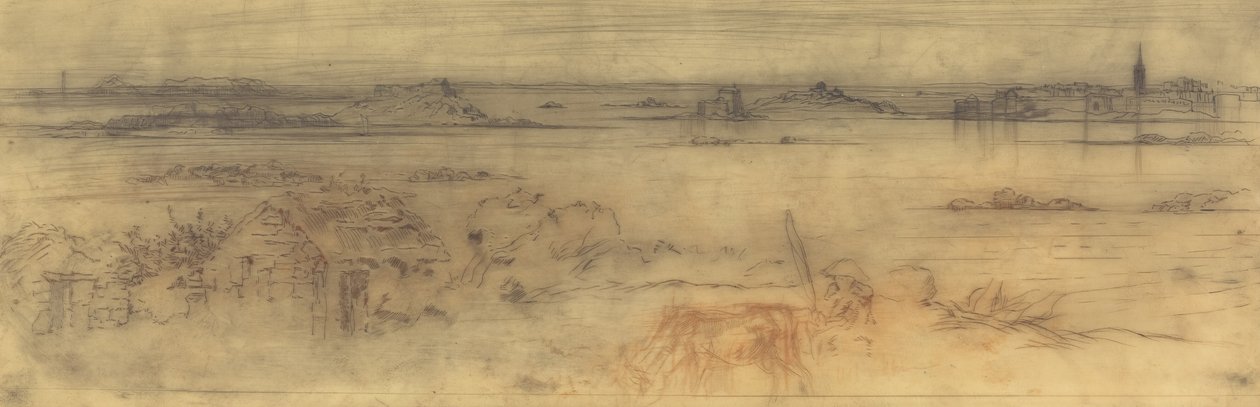 Seascape com uma cidade fortificada à direita, ilhas à esquerda e uma casa de campo em primeiro plano de Felix Hilaire Buhot