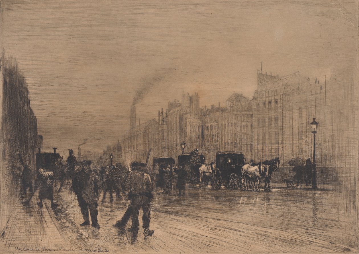 Manhã de inverno no cais, Paris, 1883. de Felix Hilaire Buhot