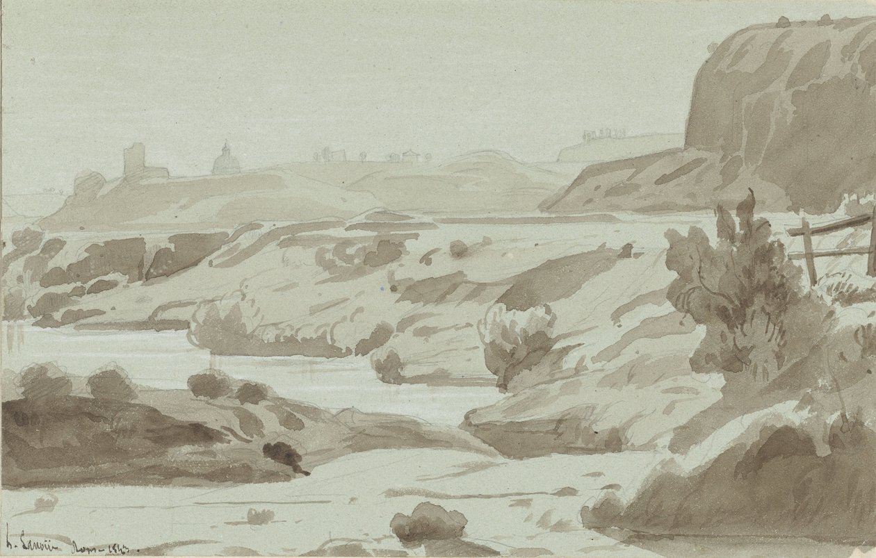 Vista na Campagna Romana com um rio em primeiro plano de Felix Hippolyte Lanoue