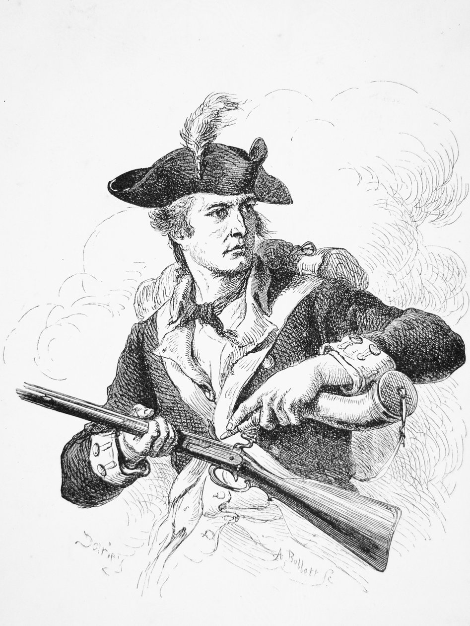 Um soldado americano, durante a Guerra da Independência, usando o seu corno de pólvora para armar a frigideira do seu mosquete de flanco, gravado por A. Bollett (gravação) de Felix Octavius Carr (after) Darley