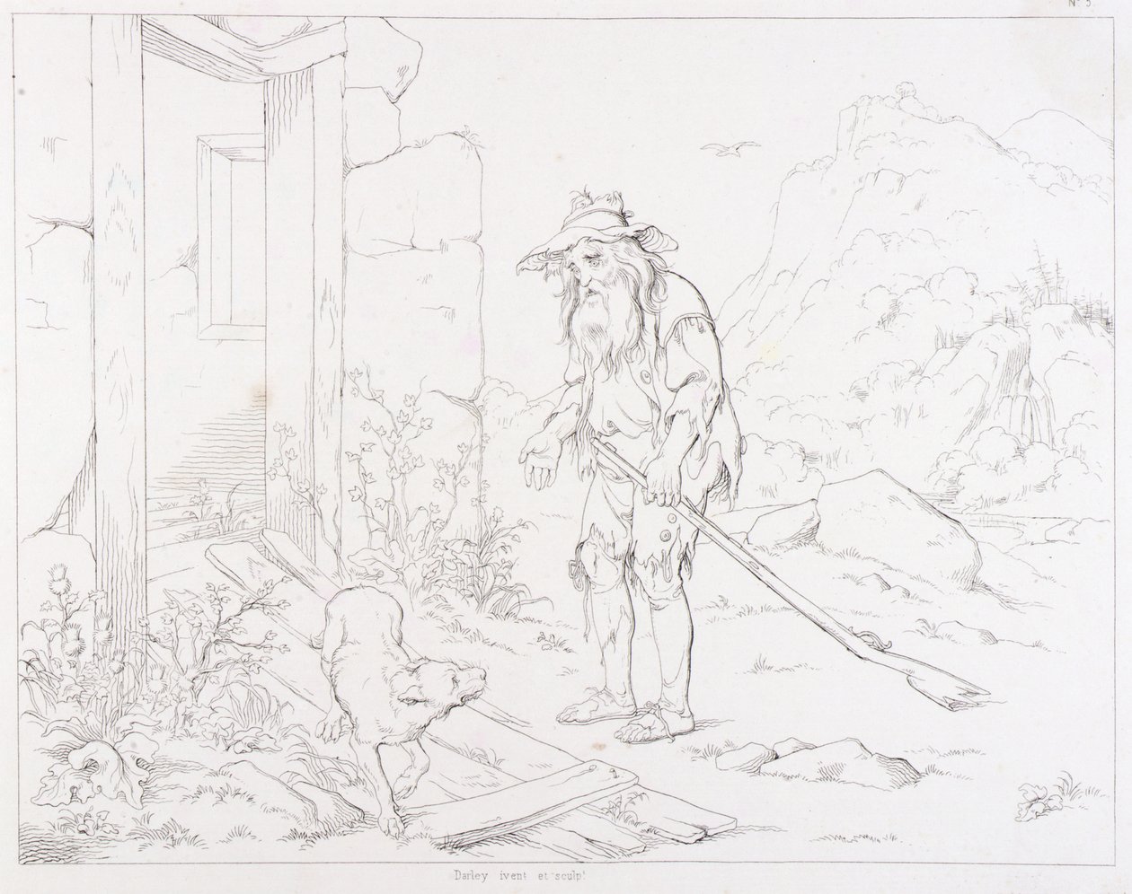(Rip Van Winkle, ilustração) Rip regressa à sua casa em ruínas de Felix Octavius Carr Darley