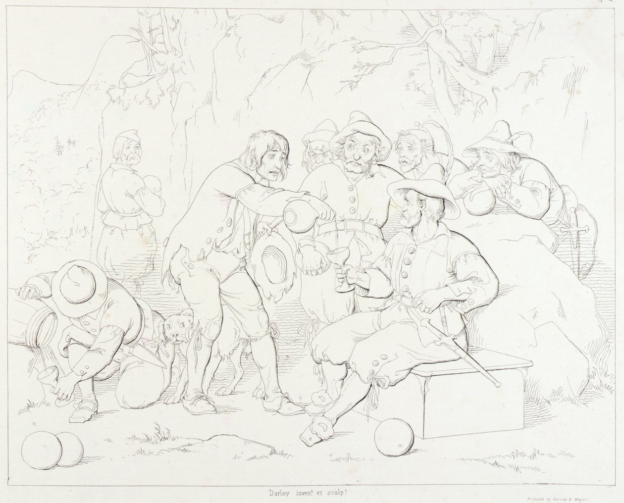 (Rip Van Winkle, ilustração) Rip servindo licor aos homens estranhos das montanhas de Felix Octavius Carr Darley