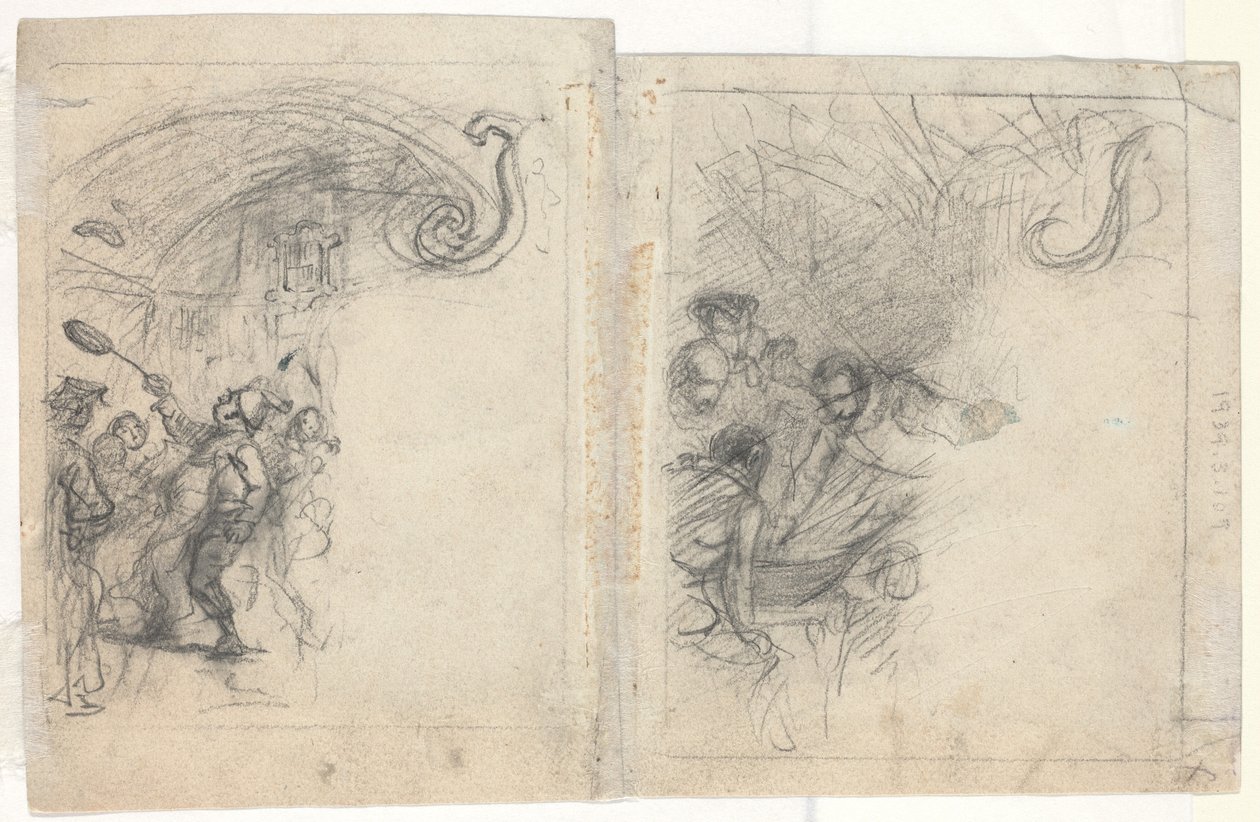 Chef jogando panquecas e grupo de quatro homens [verso] de Felix Octavius Carr Darley