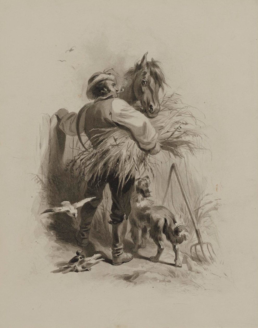 Agricultor com cavalo, cão e pombos de Felix Octavius Carr Darley