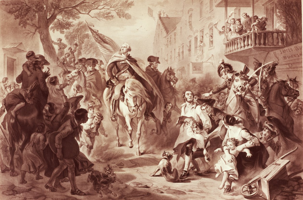 George Washington entrando em Nova York em 1783, gravado por Alexander Hay Ritchie (1822-1895) (mezzotint) de Felix Octavius Carr Darley