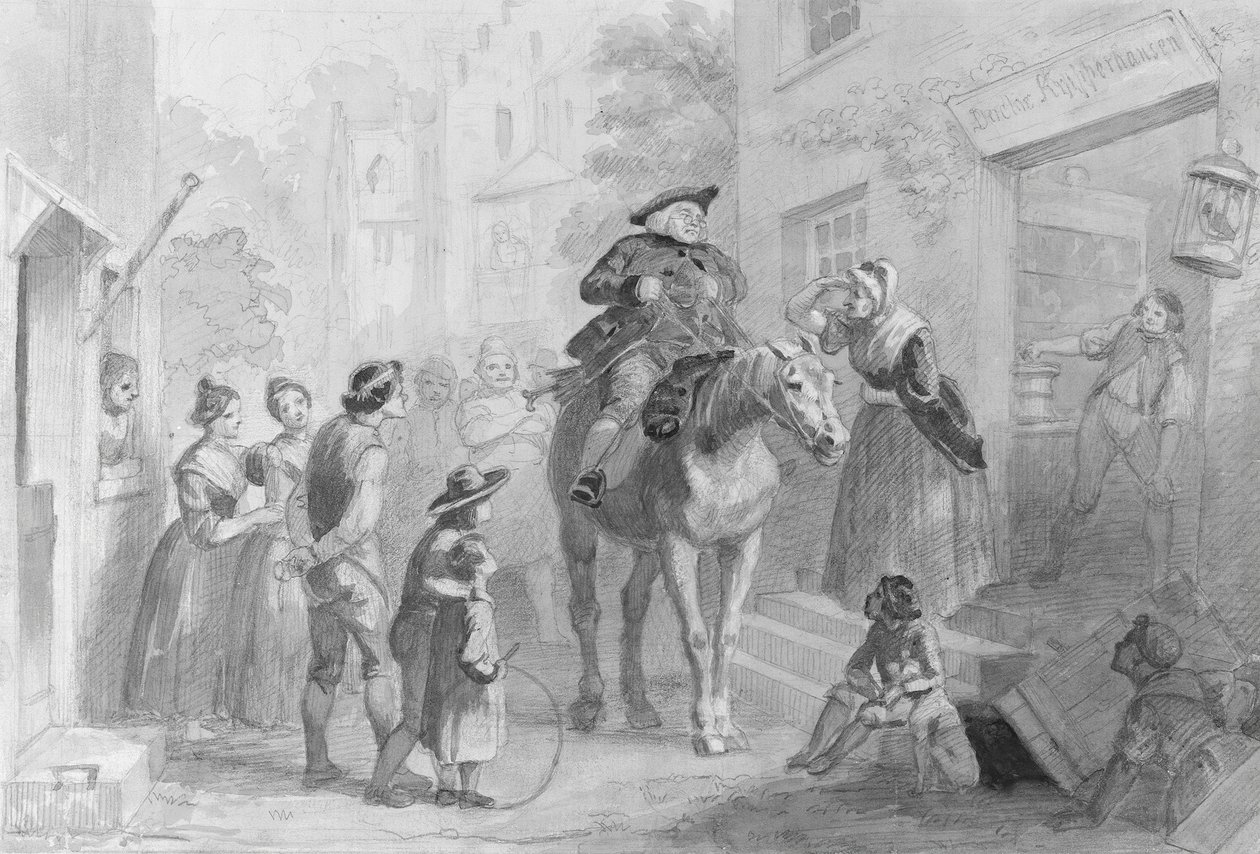 Cena da vila com figuras coloniais holandesas do álbum Hosack. de Felix Octavius Carr Darley